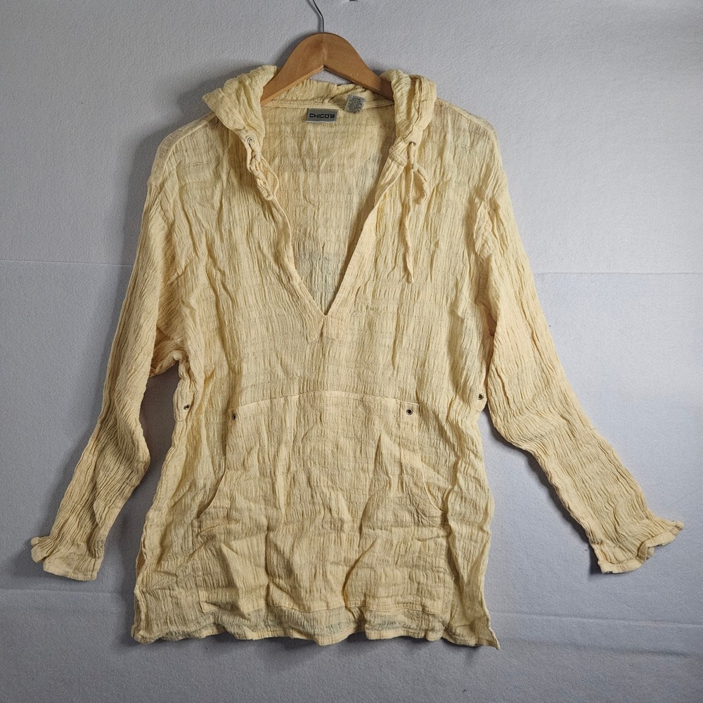 Chicos Linen Hooded Tunic Top Pale Yellow Crinkle Gauze V-Neck Size 1 Medium